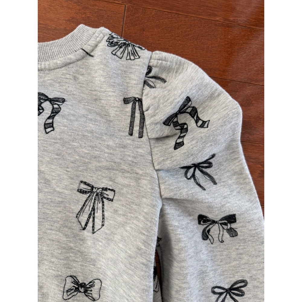 Maeve by Anthropologie Bow Print Embroidered Sweatshirt Puff Sleeve Gray Sz XS - Picture 3 of 9